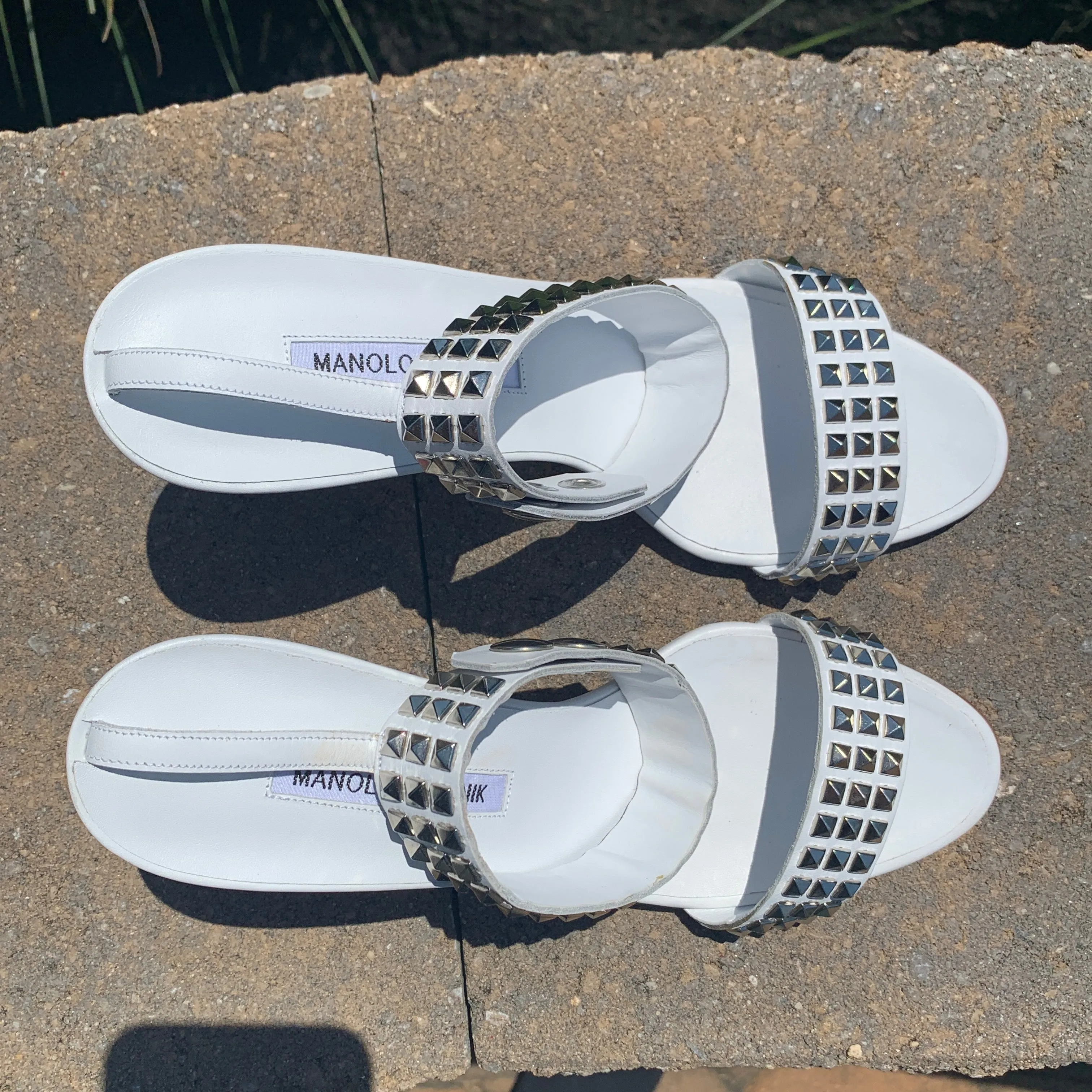 Manolo Blahnik Rocco Studded-toe Heeled Sandal in White