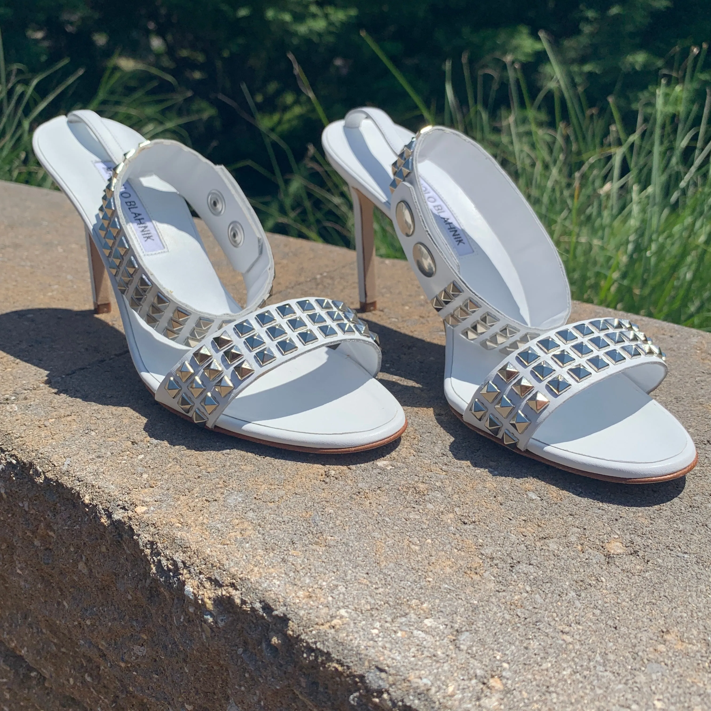 Manolo Blahnik Rocco Studded-toe Heeled Sandal in White