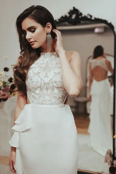 Mermaid Crew Open Back Sweep Train Wedding Dress with Appliques Ruffles OHD079