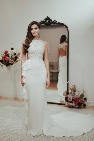 Mermaid Crew Open Back Sweep Train Wedding Dress with Appliques Ruffles OHD079