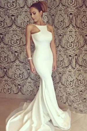 Mermaid Jewel Backless Sweep Train White Prom Dress with Watteau OHC084