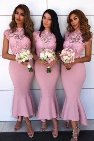 Mermaid Jewel Cap Sleeves Hi-Low Bridesmaid Dress with Lace OHS070