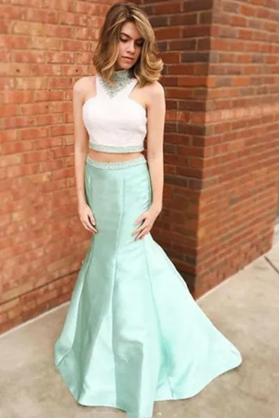 Mermaid Lace Two Piece Beading High Neck Sleeveless Sweep Train Mint Prom Dress PD014