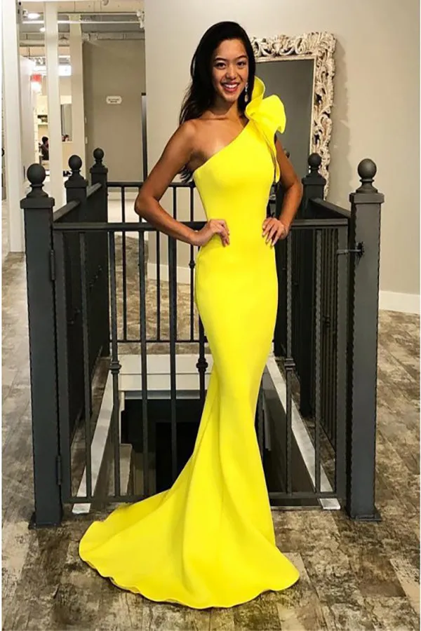 Mermaid One-Shoulder Sweep Train Yellow Prom Dress with Ruffles PD010