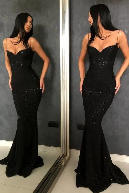 Mermaid Spaghetti Straps Floor-Length Black Sequined Prom Evening Dress OHC006