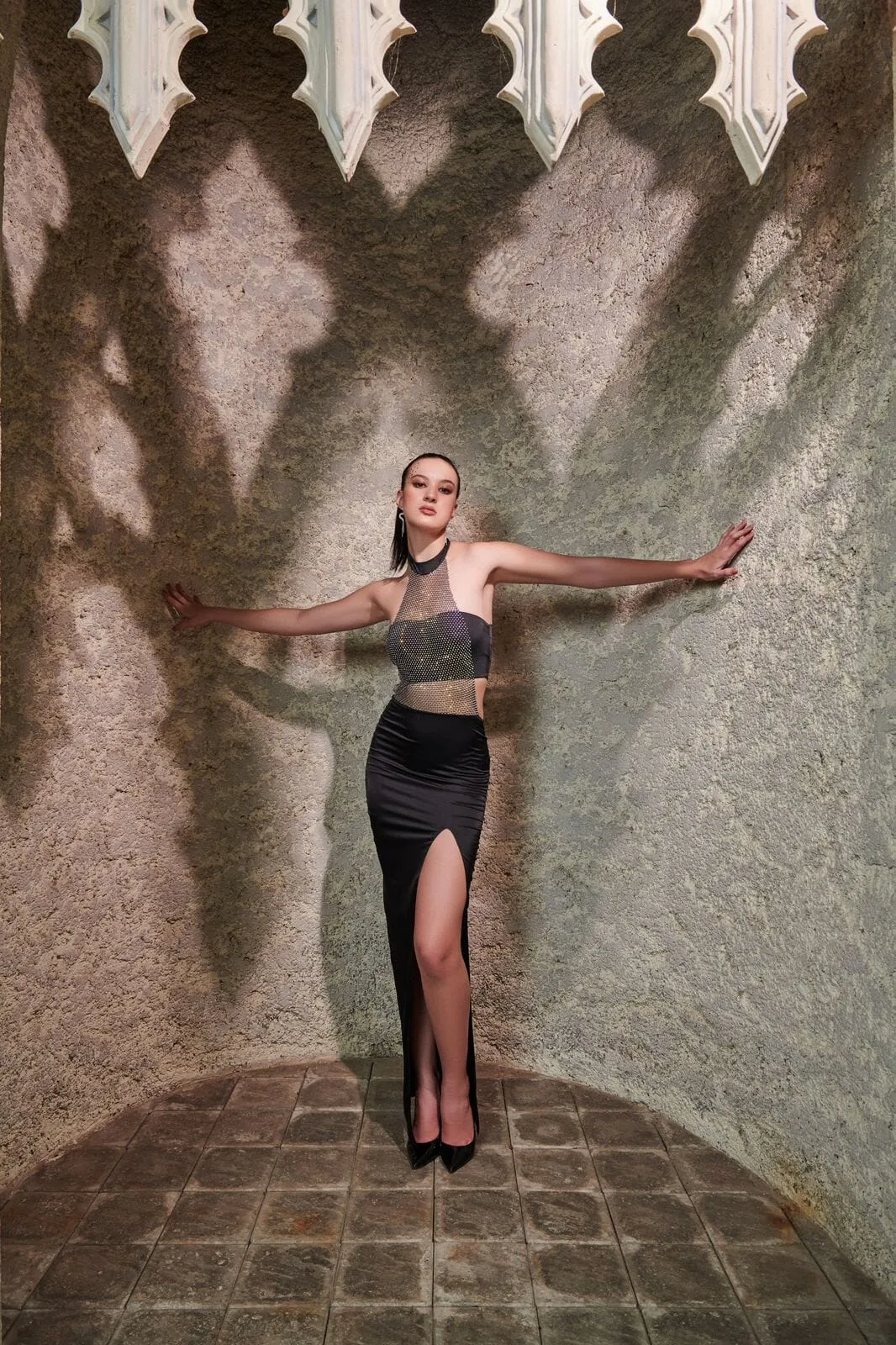 Midnight minute - black crystal mesh satin dress
