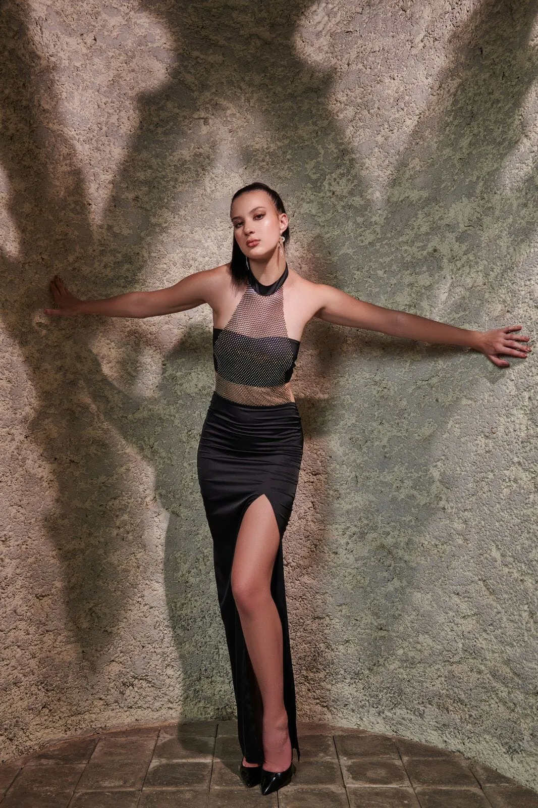 Midnight minute - black crystal mesh satin dress
