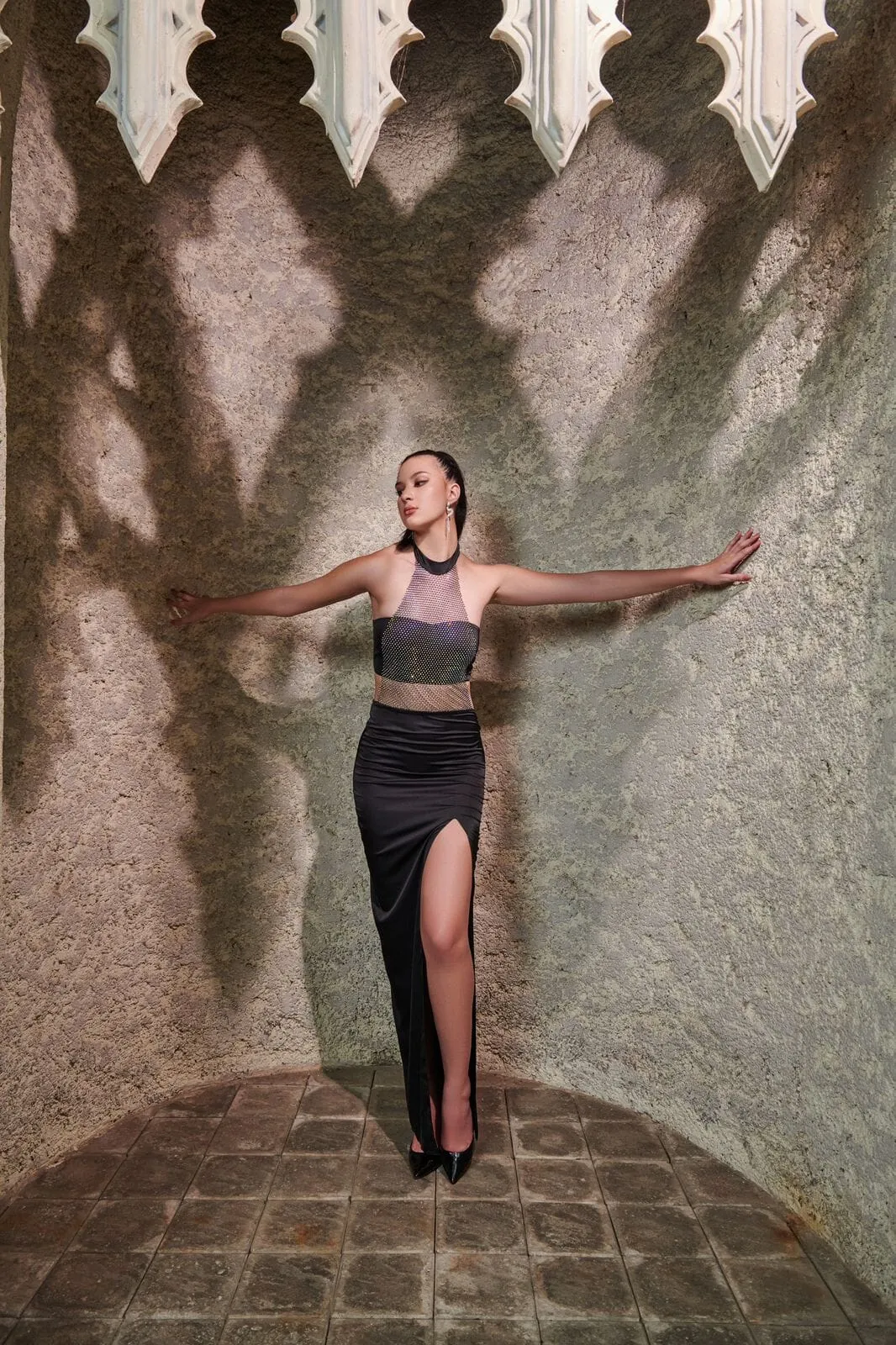 Midnight minute - black crystal mesh satin dress