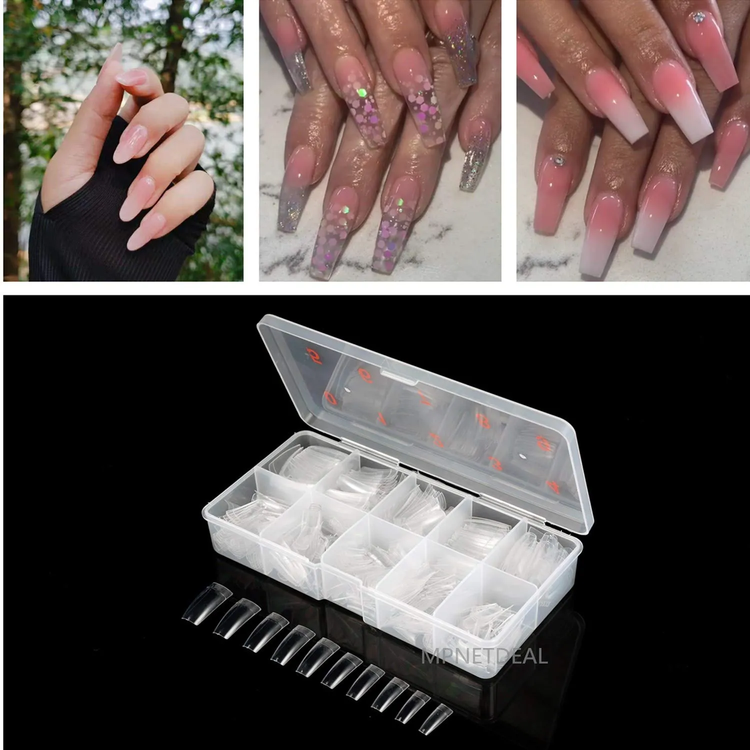 MPNETDEAL 500Pcs French False Nail Tips Fake Half Cover Artificial Acrylic Nails Extension Tips with Storage Box 10 Size for Nail salon or Home Use (Clear)
