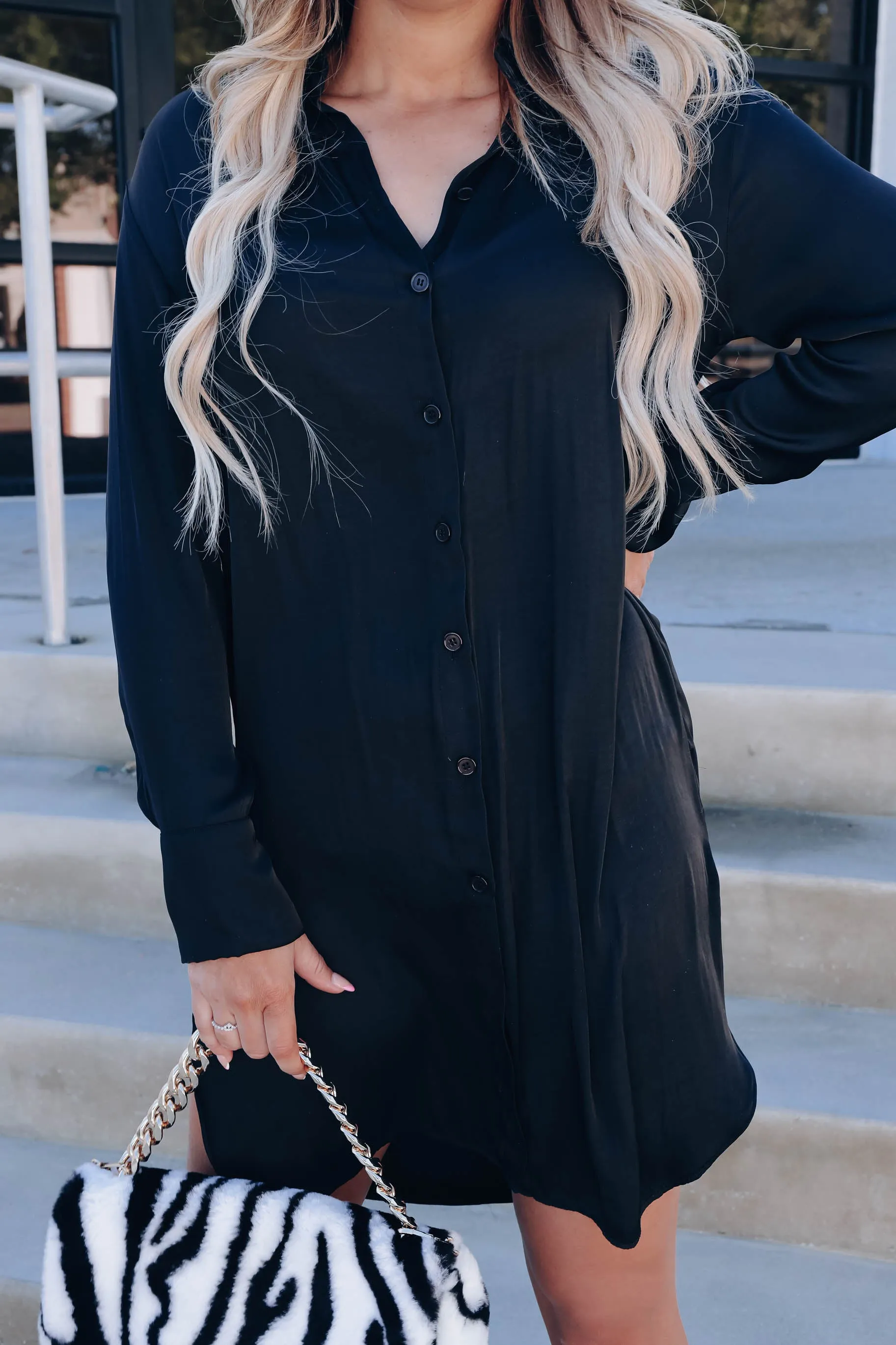 Nailed It Satin Shirt Dress - Black