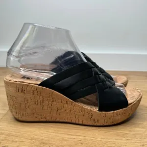 NEW KORKS Noelle Black Vegan Leather Cork Strappy Wedge Sandal Size 7