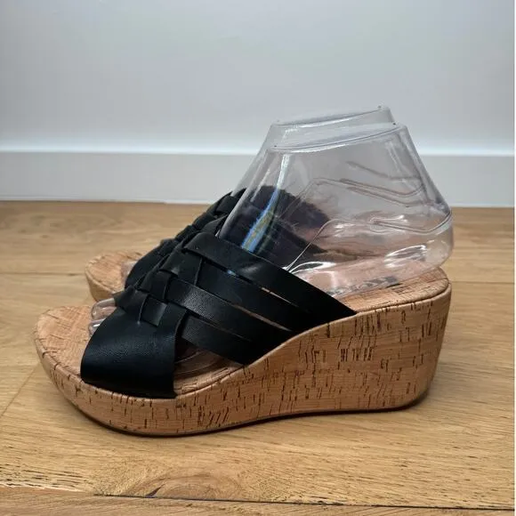 NEW KORKS Noelle Black Vegan Leather Cork Strappy Wedge Sandal Size 7
