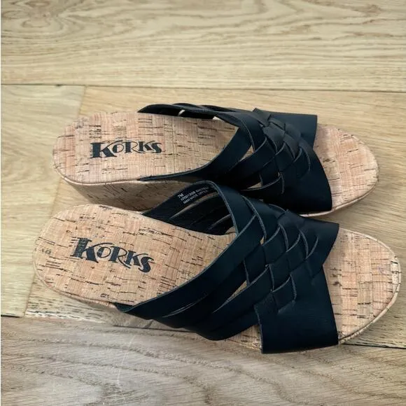 NEW KORKS Noelle Black Vegan Leather Cork Strappy Wedge Sandal Size 7