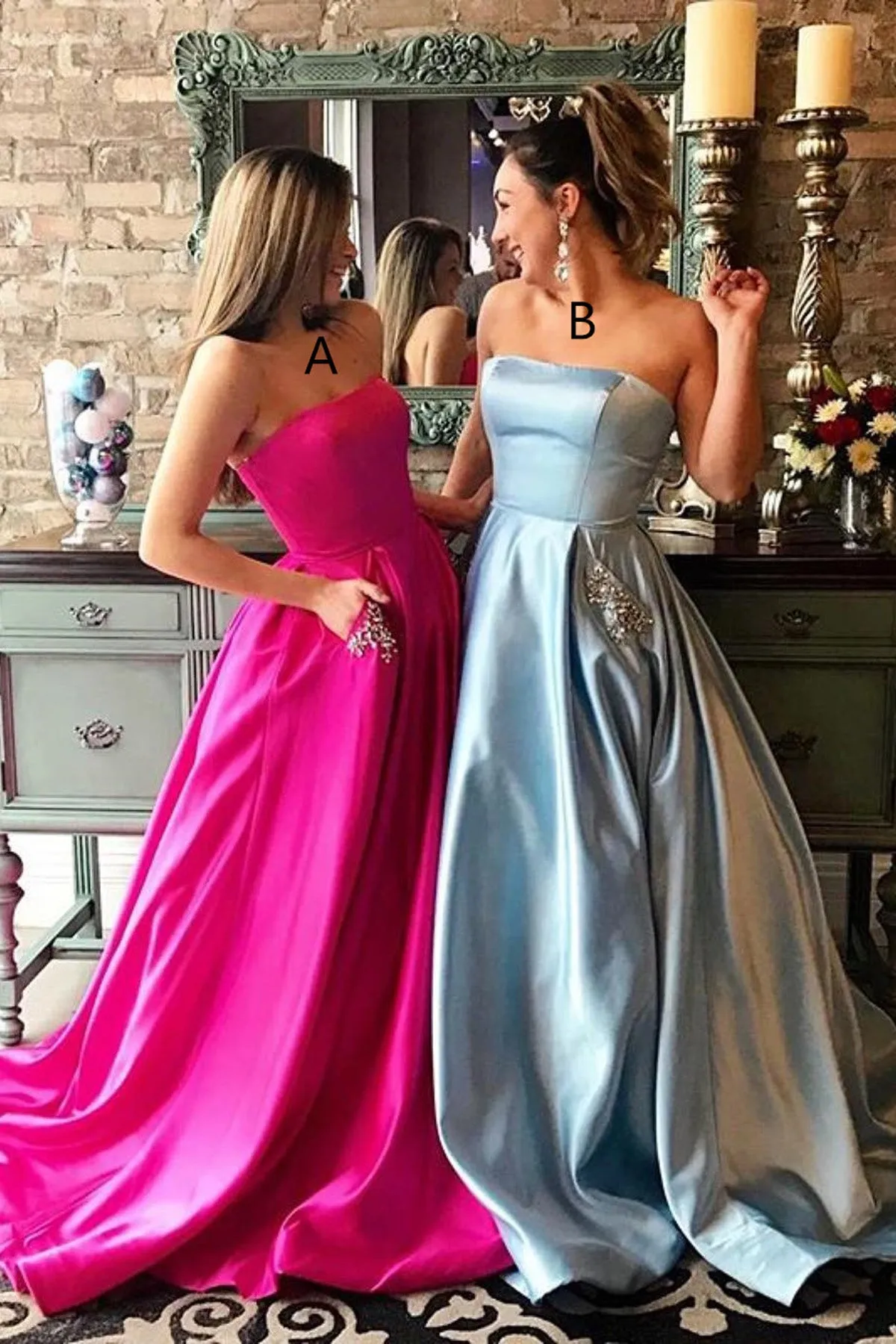 New Simple A Line Sweetheart Pocket Beaded Long Satin Senior Prom Dress OHC497