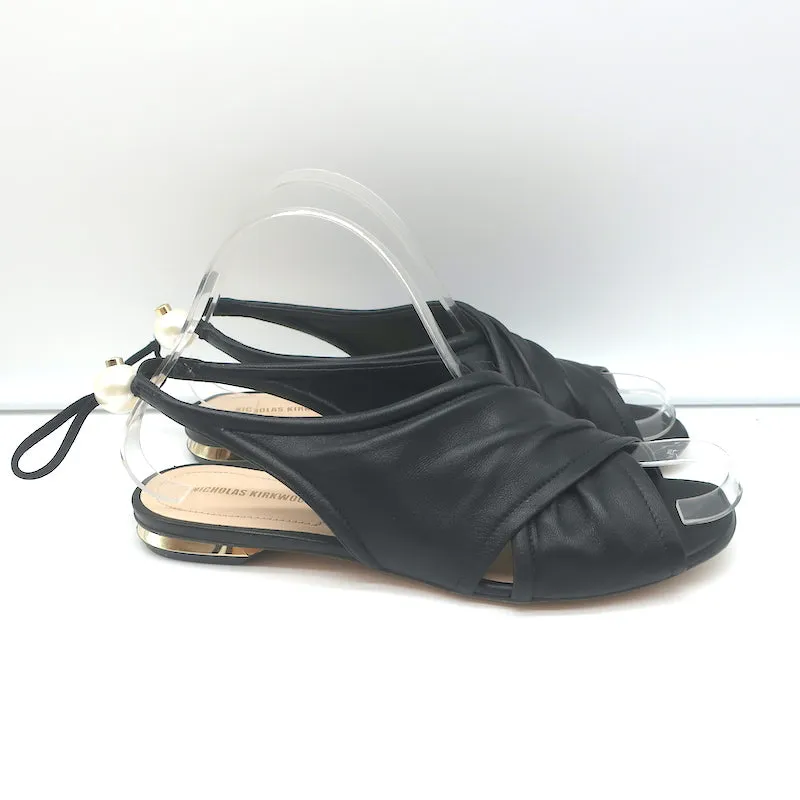 Nicholas Kirkwood Delfi Faux Pearl Slingback Sandals Black Leather Size 37