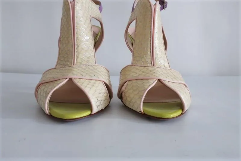 Nicholas Kirkwood Sandals Cream Snakeskin & Patent Size 38 Slingback Heels NEW