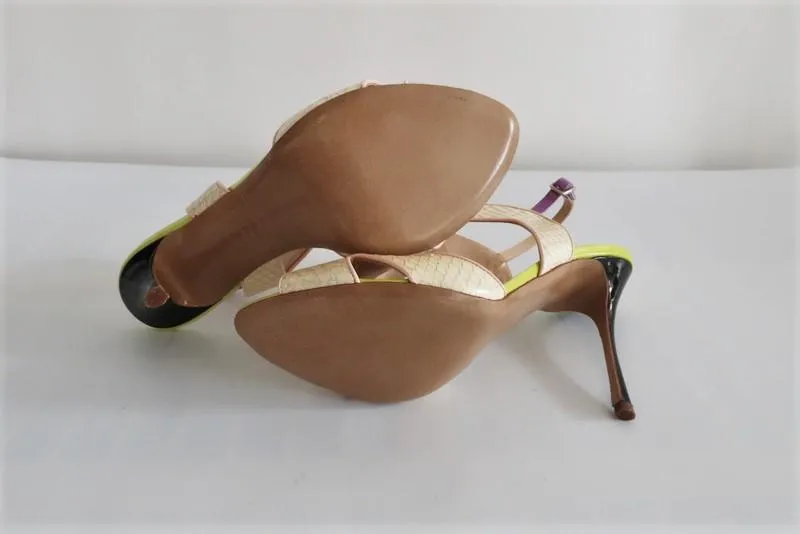 Nicholas Kirkwood Sandals Cream Snakeskin & Patent Size 38 Slingback Heels NEW