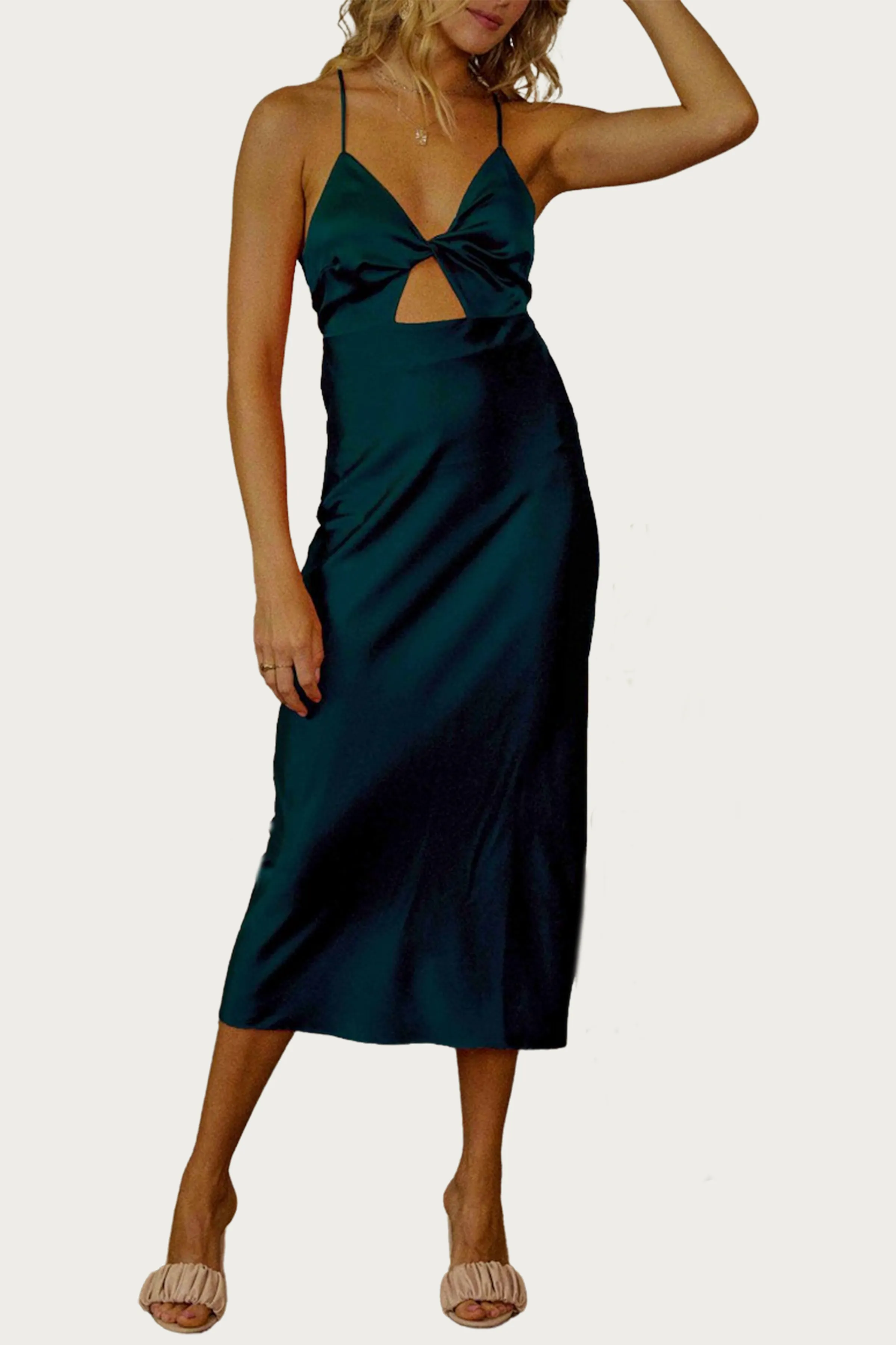 OPEN-BACK CUTOUT SATIN MIDI DRESS