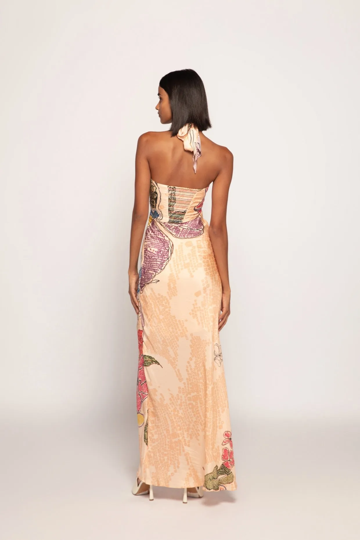 Periwinkle Bandhani Print Halter Style Maxi Dress