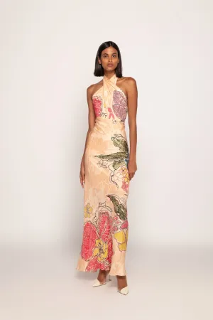 Periwinkle Bandhani Print Halter Style Maxi Dress