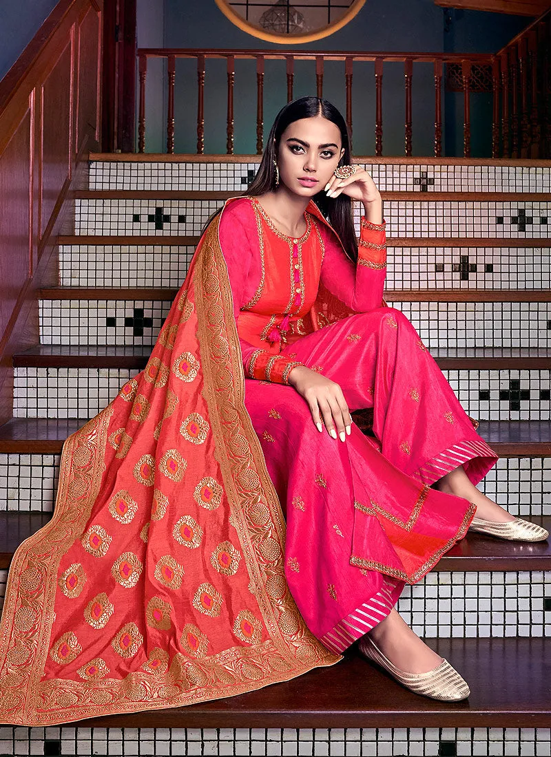 Pink And Orange Silk Palazzo Pant Suit
