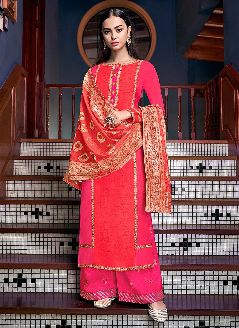Pink And Orange Silk Palazzo Pant Suit