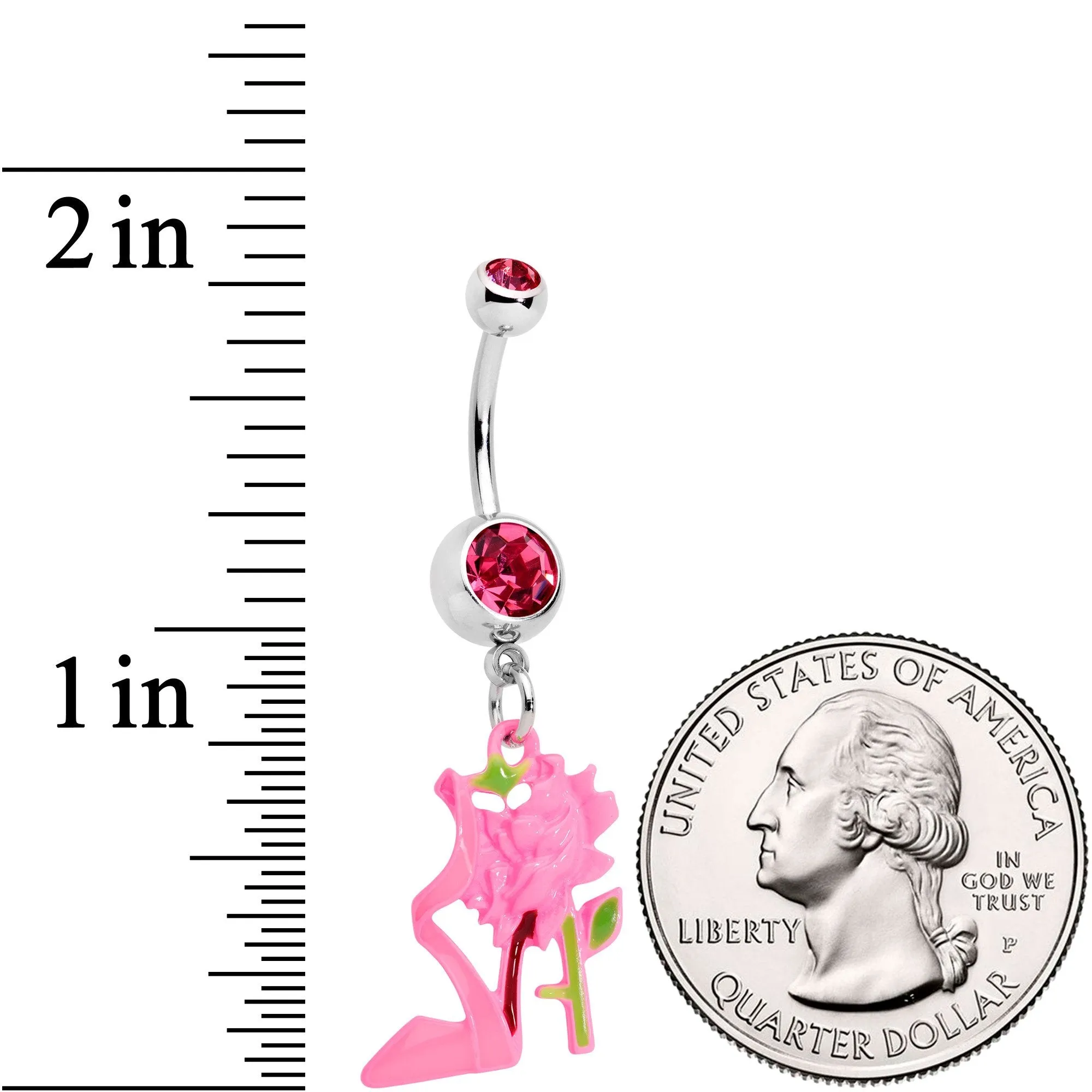 Pink Gems Tricolor Rose Flower and Stiletto Heel Dangle Belly Ring