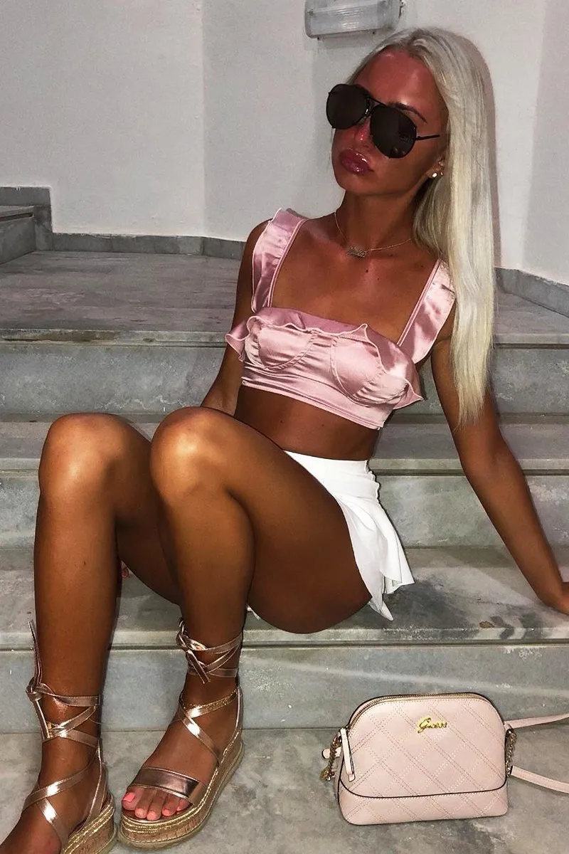 Pink Satin Frill Detail Cup Style Crop Top - Elani