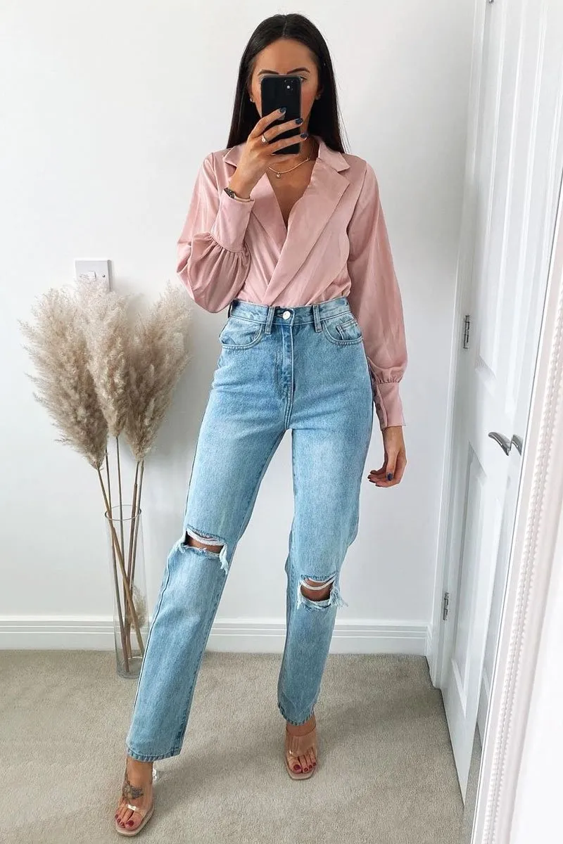Pink Satin Plunge Lapel Collar Bodysuit - Danica