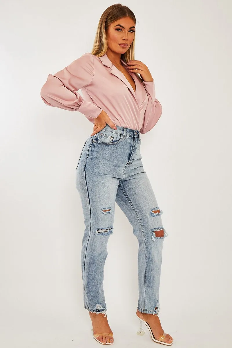 Pink Satin Plunge Lapel Collar Bodysuit - Danica