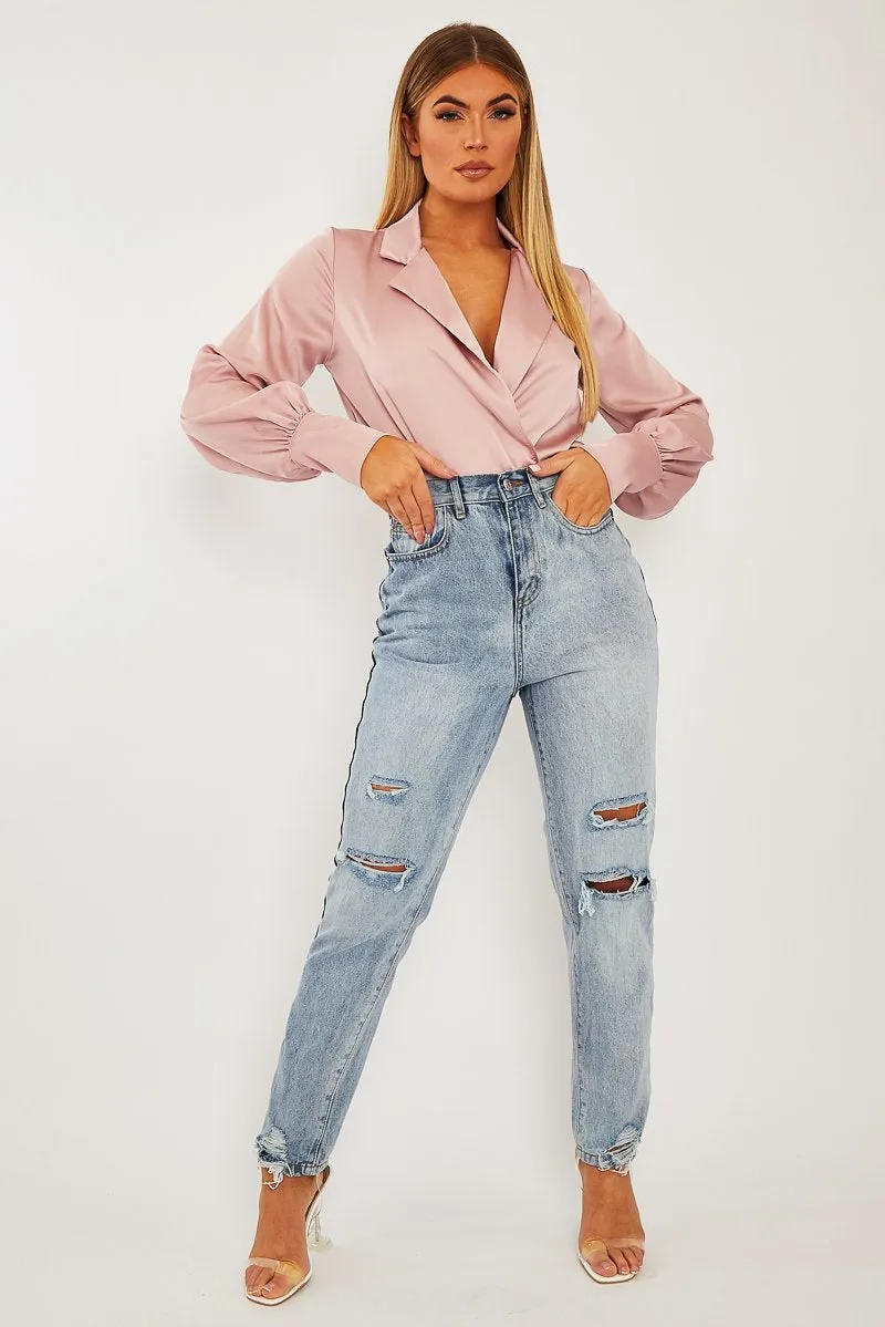 Pink Satin Plunge Lapel Collar Bodysuit - Danica