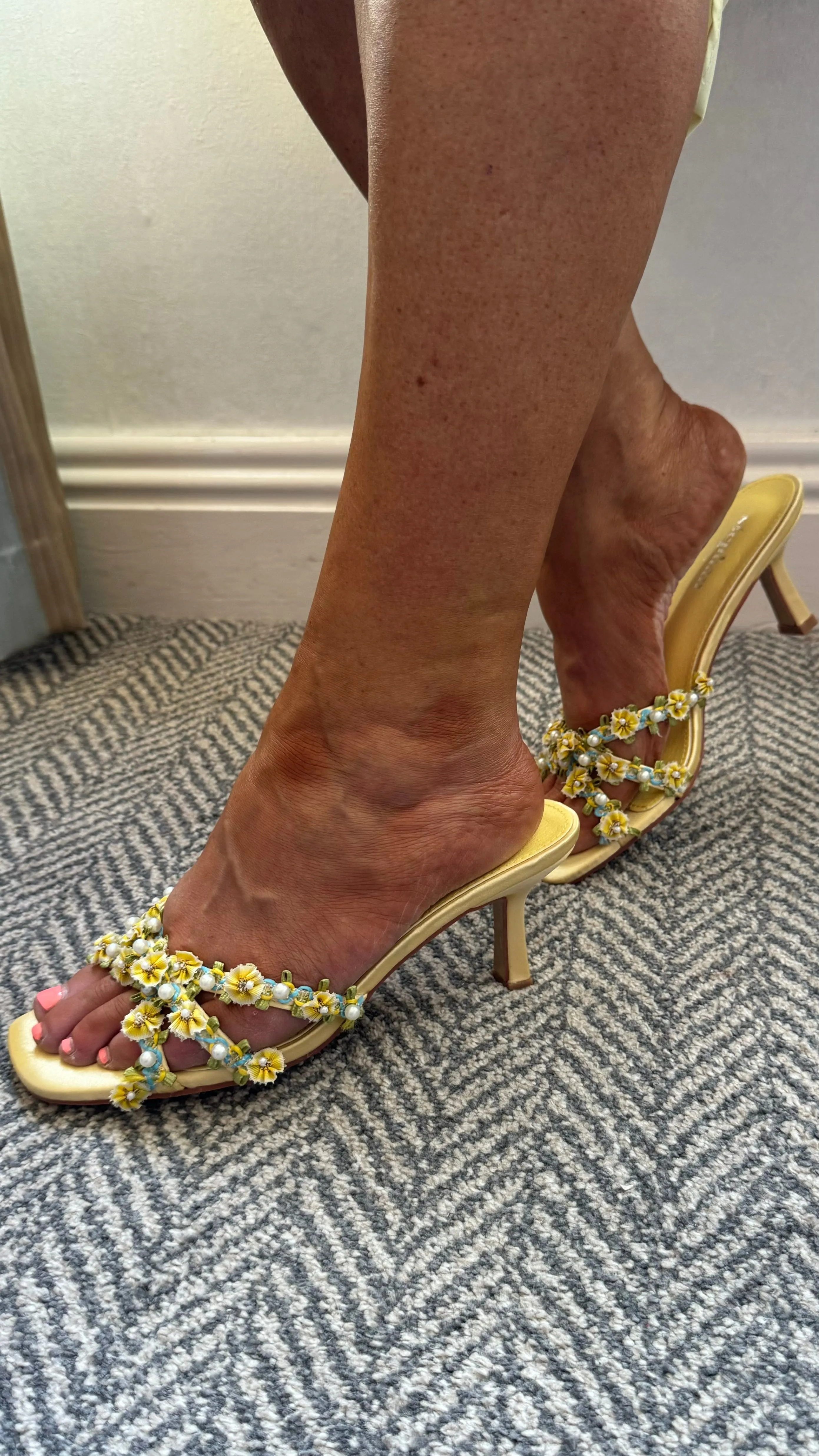 Pippa Yellow Flower & Pearl Detail Slip On Heeled Mules