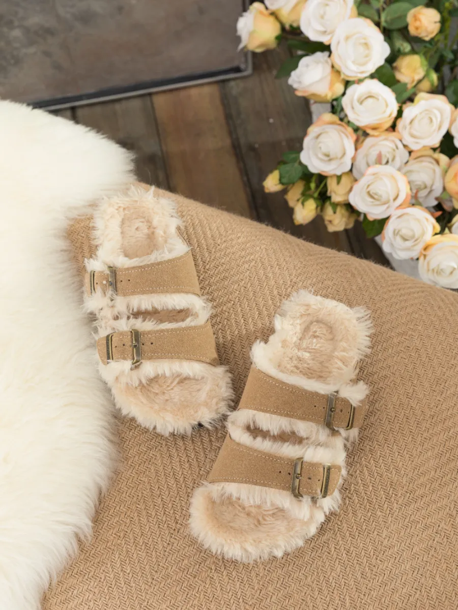 Plush Insole Dual-Strap Beige Sandals Slide Shoes