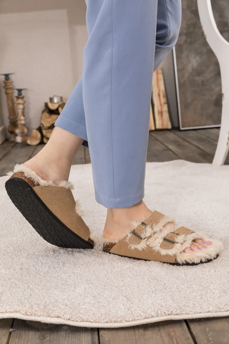 Plush Insole Dual-Strap Beige Sandals Slide Shoes