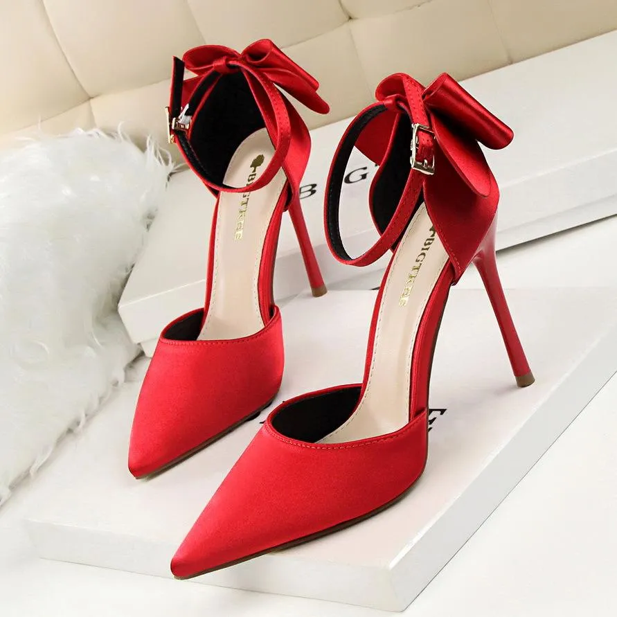 Pointed Satin Back Bow Tie Sandals