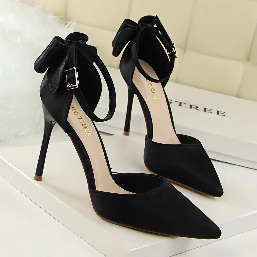 Pointed Satin Back Bow Tie Sandals