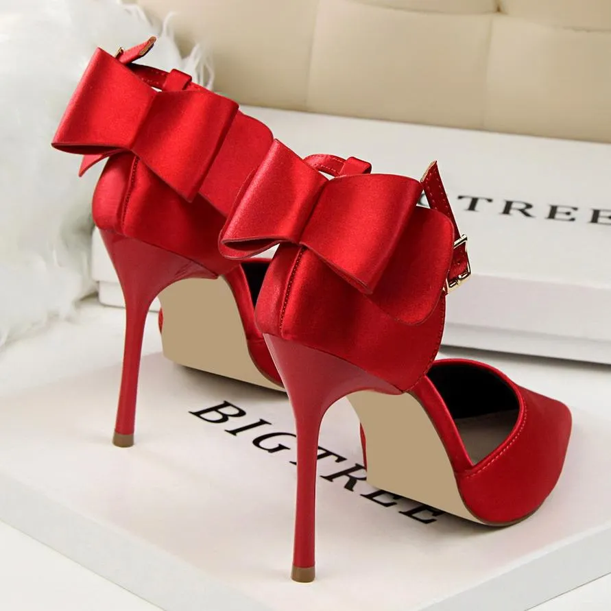 Pointed Satin Back Bow Tie Sandals