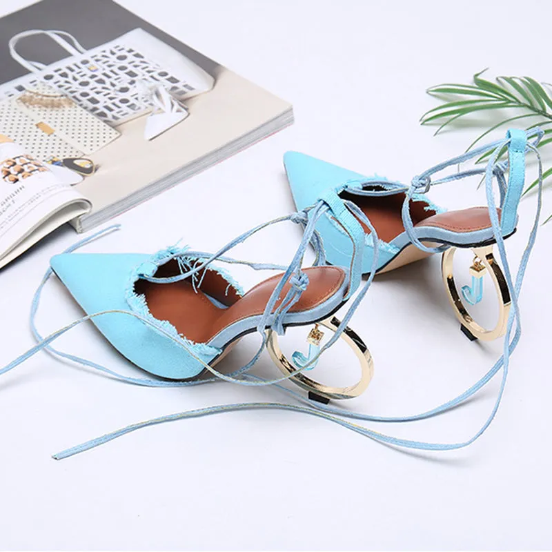 Pointed-toe Color-blocked Ankle Straps With High-heeled Sandals