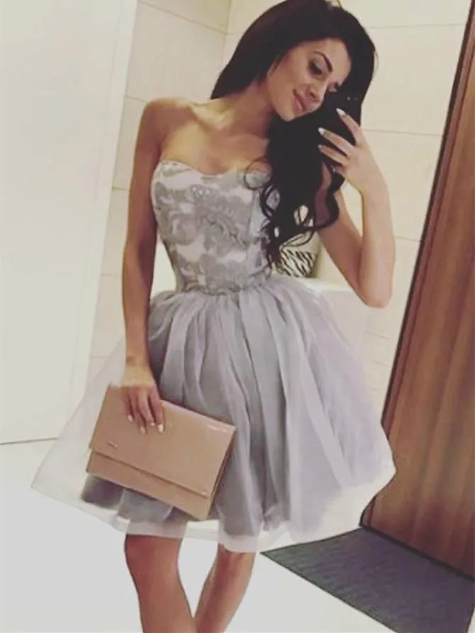 Popular Strapless Short Homecoming Dress Chic Embroidery Prom Party Dress CA2101