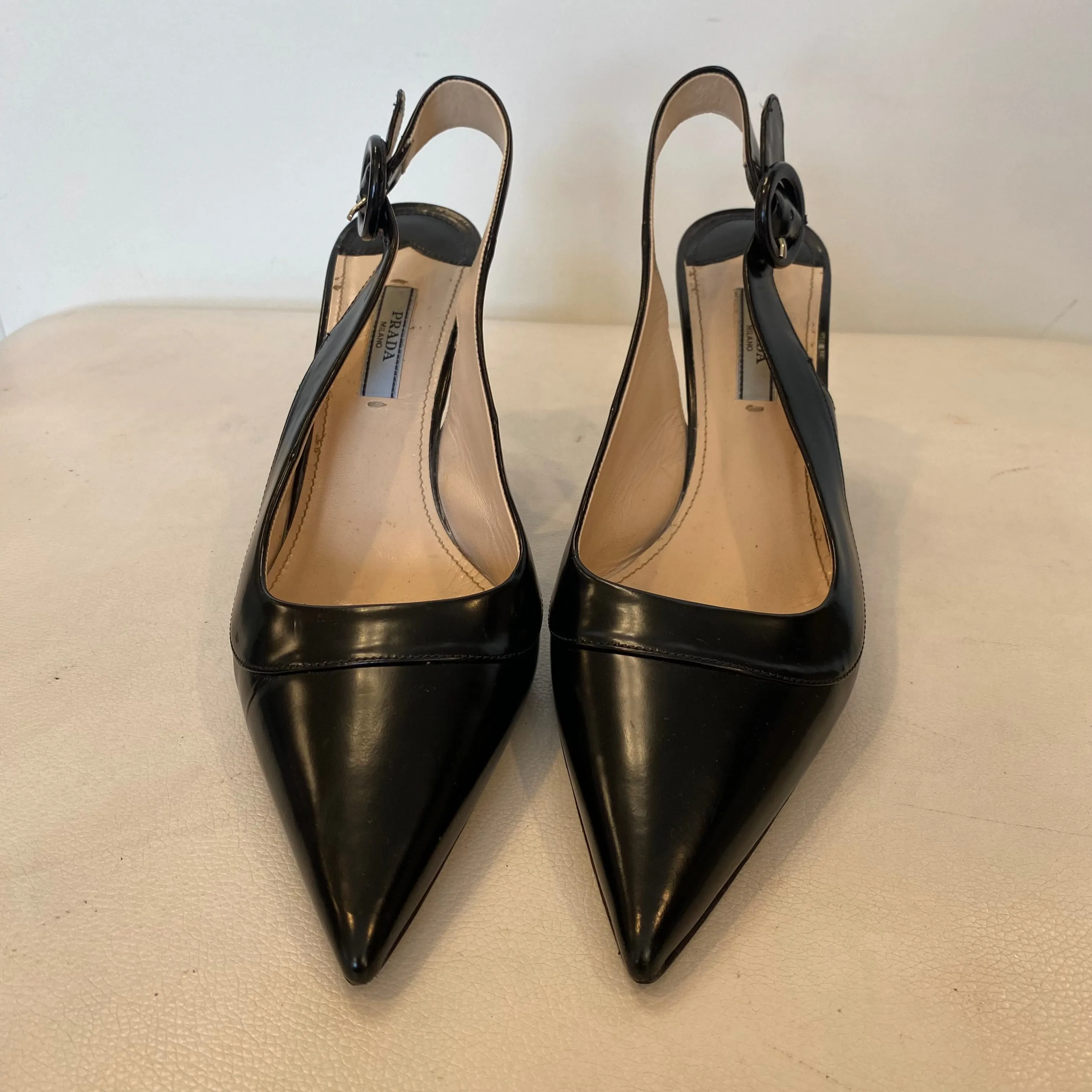 PRADA Black Brushed Leather Pointed-Toe Slingback Kitten Heel Sandals Size 38 (8)