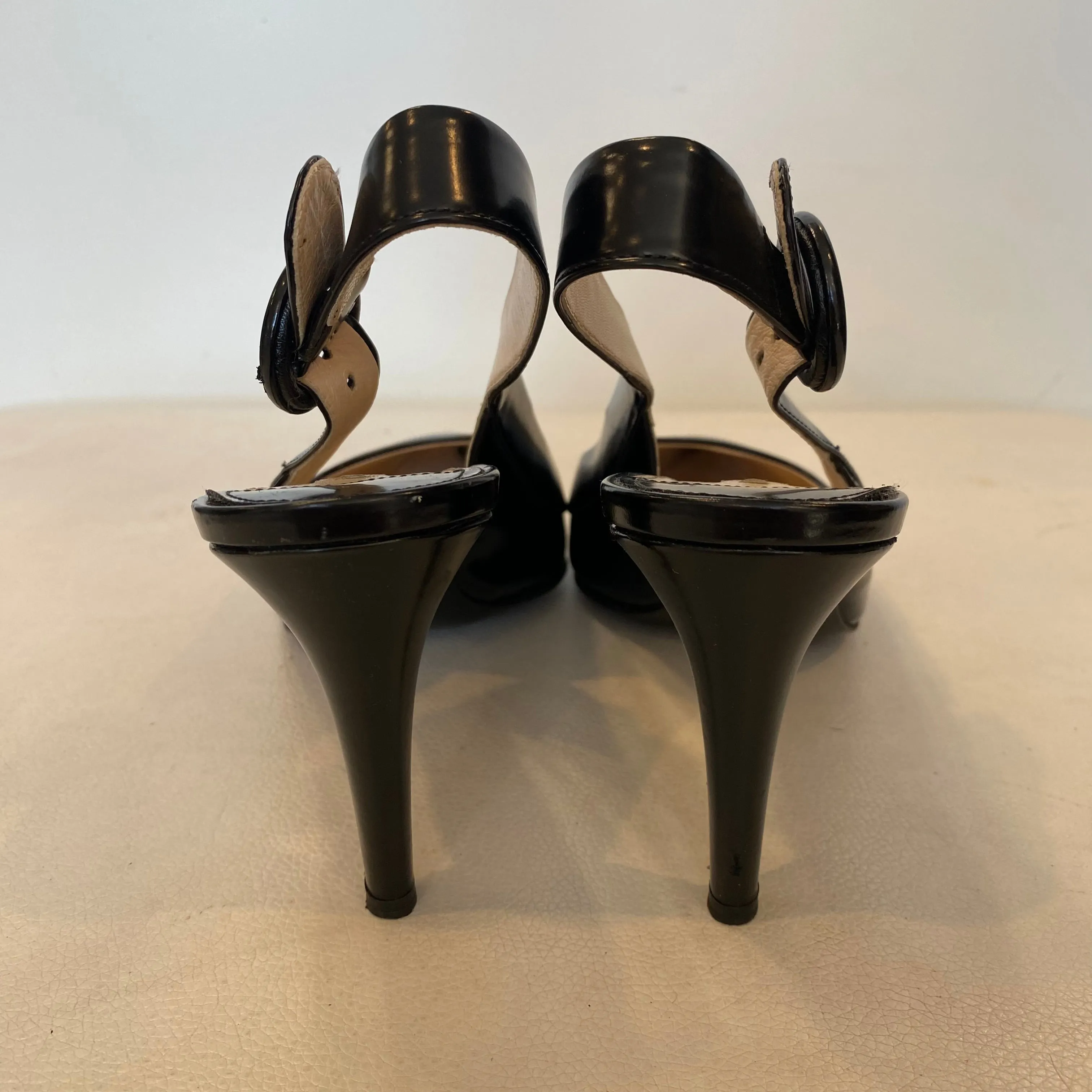 PRADA Black Brushed Leather Pointed-Toe Slingback Kitten Heel Sandals Size 38 (8)
