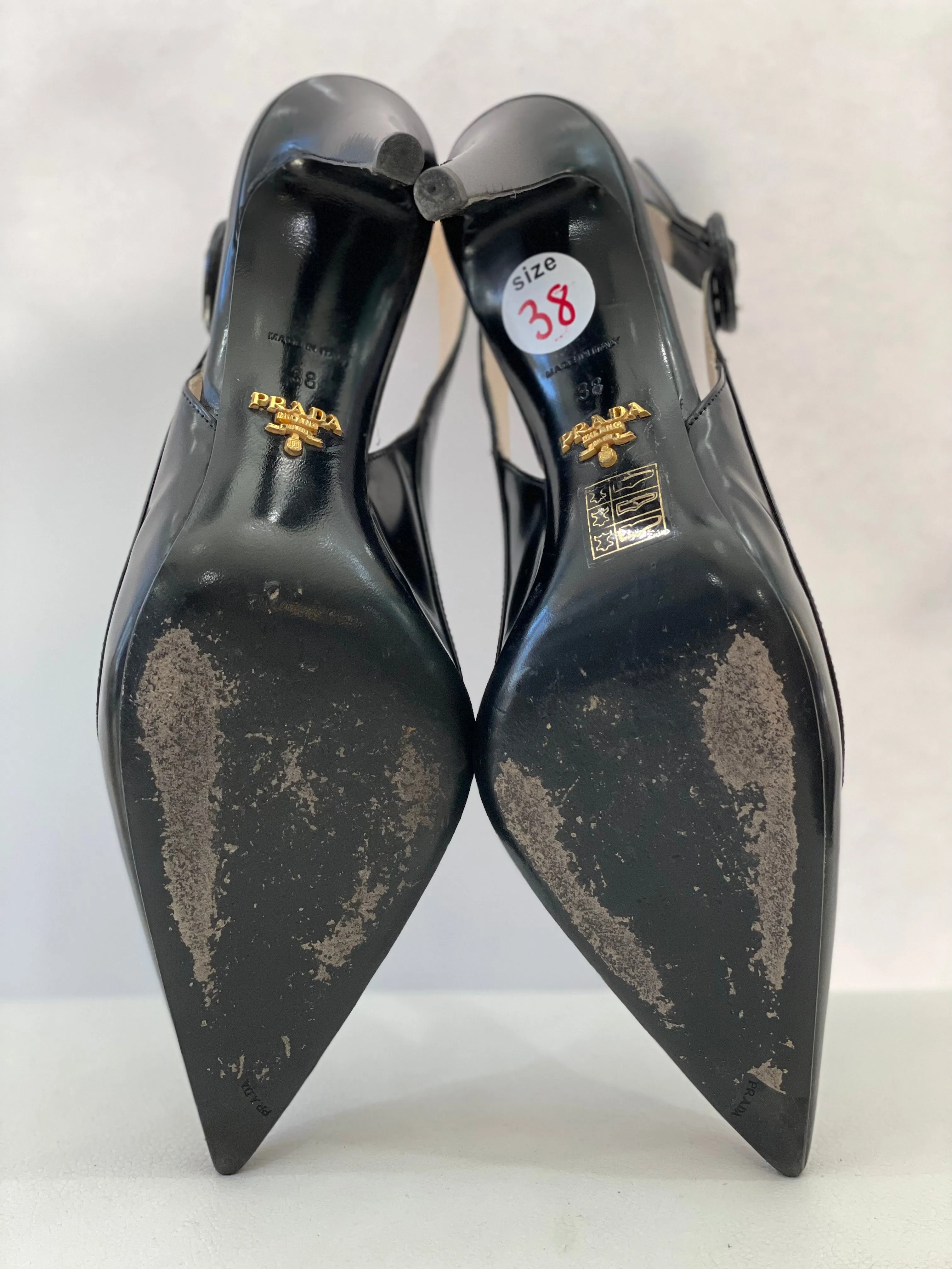 PRADA Black Brushed Leather Pointed-Toe Slingback Kitten Heel Sandals Size 38 (8)