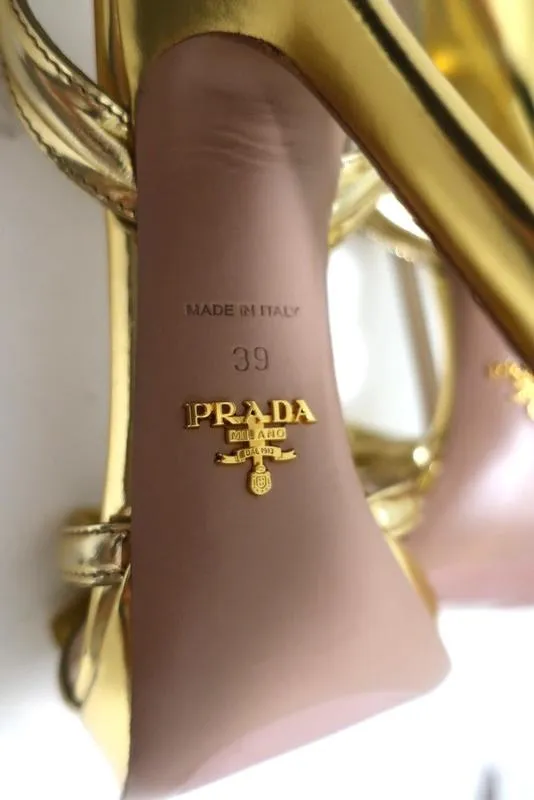Prada Bow Sandals Gold Metallic Leather Size 39 T-Strap Platform Heel