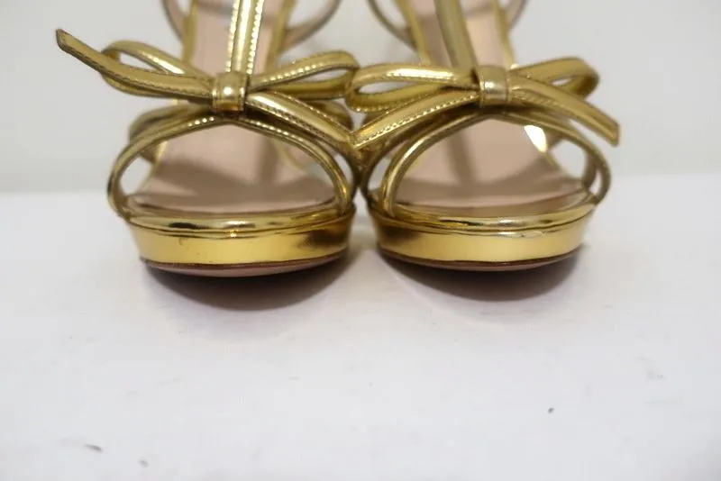 Prada Bow Sandals Gold Metallic Leather Size 39 T-Strap Platform Heel