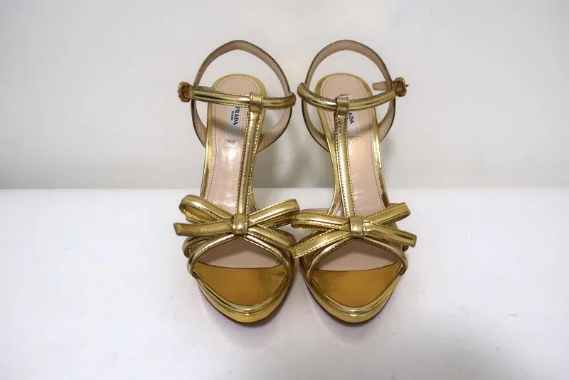 Prada Bow Sandals Gold Metallic Leather Size 39 T-Strap Platform Heel