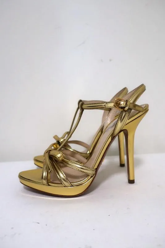 Prada Bow Sandals Gold Metallic Leather Size 39 T-Strap Platform Heel