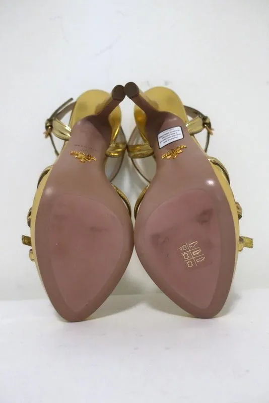 Prada Bow Sandals Gold Metallic Leather Size 39 T-Strap Platform Heel