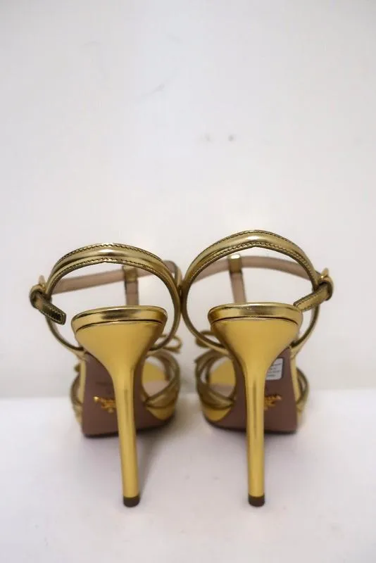 Prada Bow Sandals Gold Metallic Leather Size 39 T-Strap Platform Heel