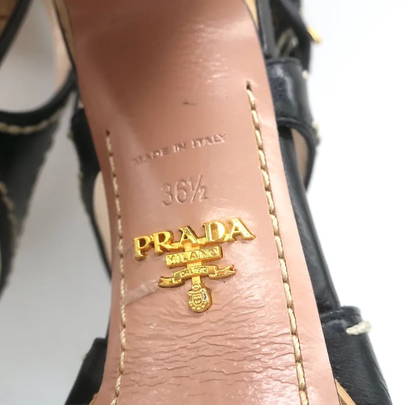 Prada Cork Platform Crisscross Sandals Black Leather Size 36.5 Slingback Heels
