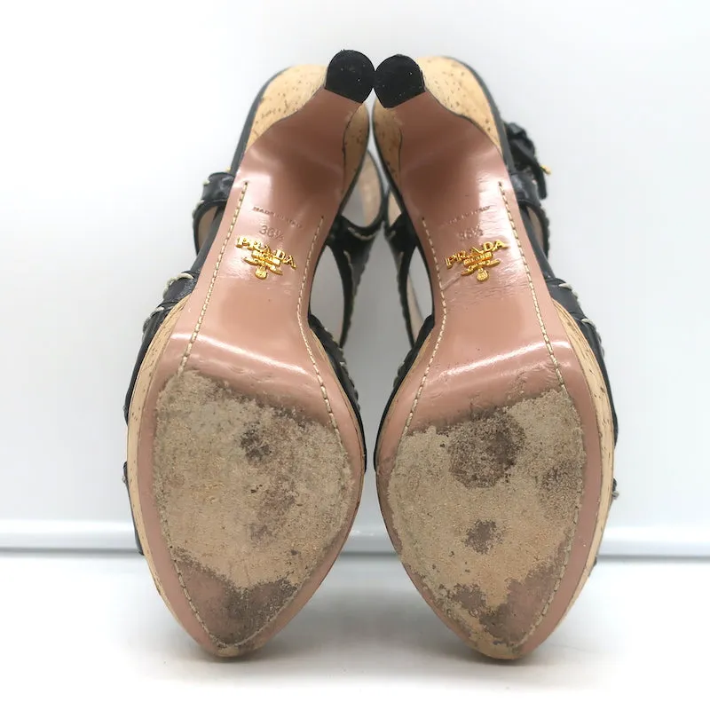 Prada Cork Platform Crisscross Sandals Black Leather Size 36.5 Slingback Heels